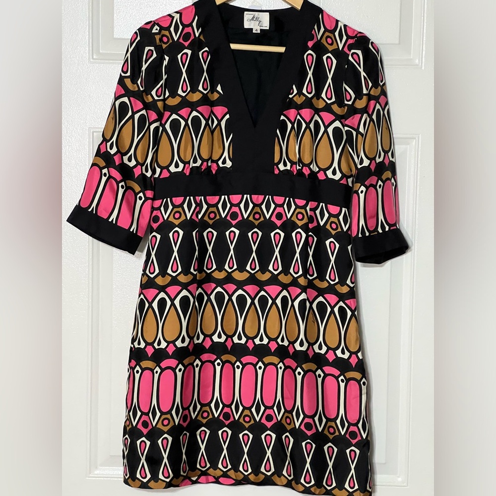 MILLY of New York Silk Designer Mini Dress Retro Geometric Print Size 4 Medium